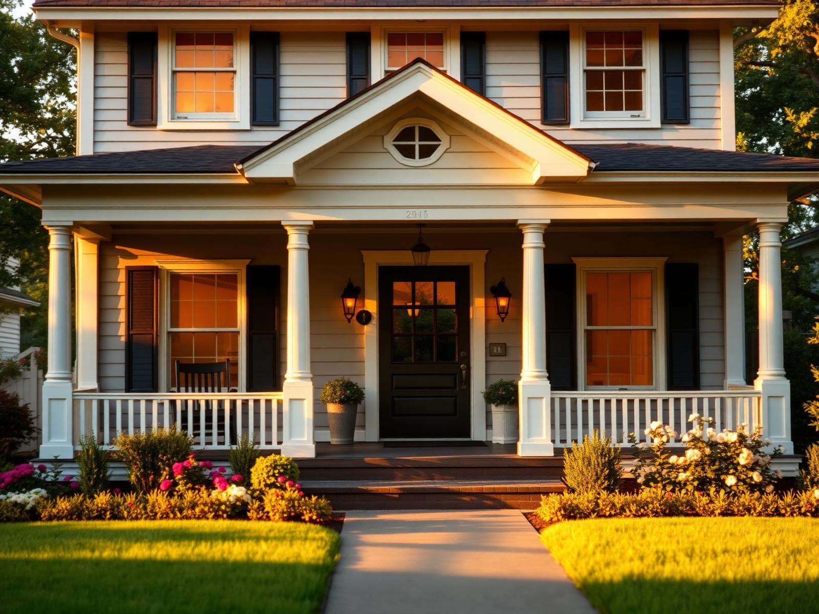 Warm craftsman-style home at golden hour